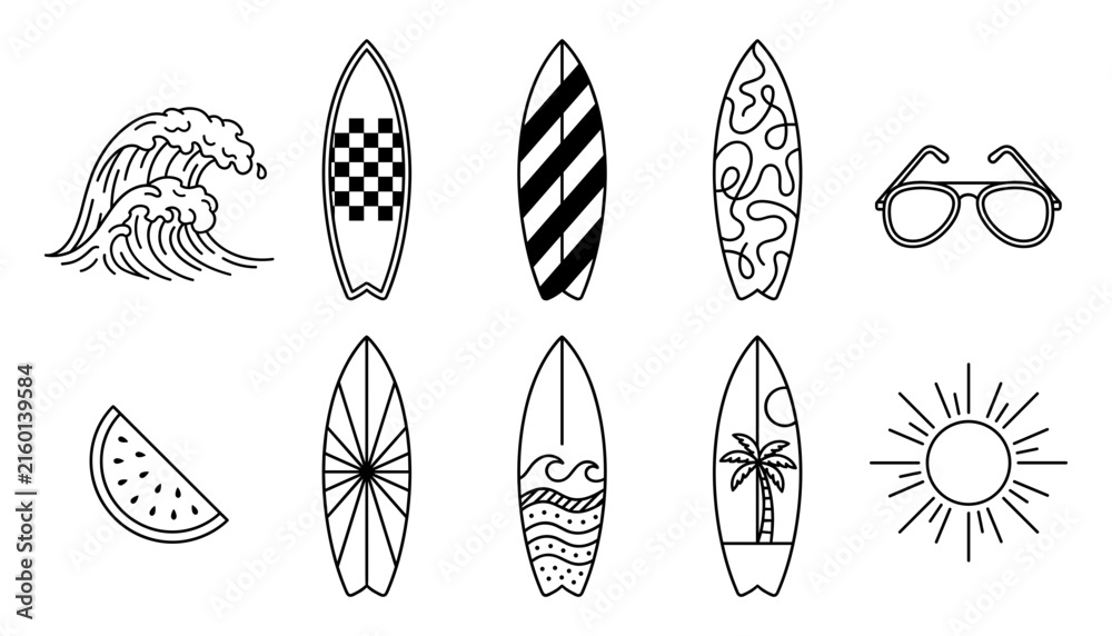 Fototapeta premium Summer Surfing Element Collection Featuring Diverse Patterned Surfboards Ocean Waves Sunglasses Watermelon and Sun Symbols for Tropical Beach Graphic Designs.