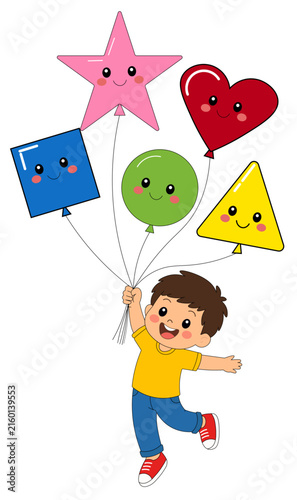 Back to school cute happy boy holding geometric shapes balloons concept layout template for kids preschool elementary geometry learning design