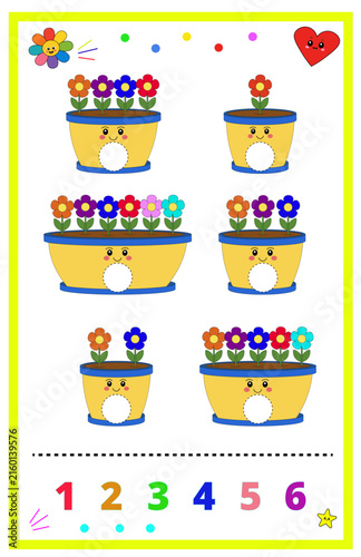 Back to school counting game educational math worksheet template with cute flower pots for preschool kids number recognition learning activity page design