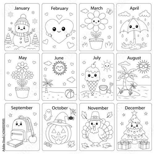 Back to school months of the year coloring pages worksheet set template for kids education activity calendar learning book design layout