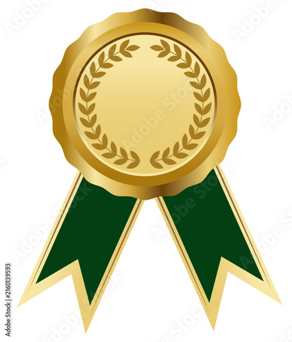 Golden quality award badge medal with dark green ribbon layout template for achievement victory winner guarantee stamp icon design