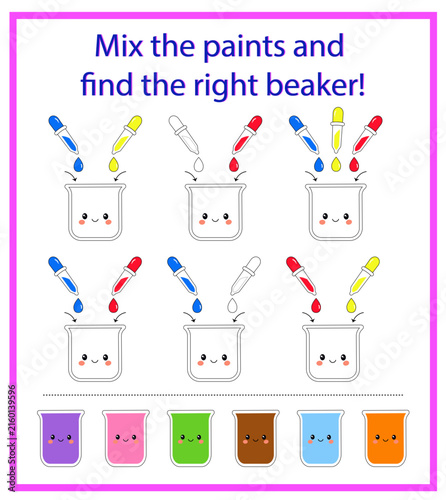 Back to school color mixing educational worksheet game template with paint beakers for kids logic activity primary secondary colors learning design