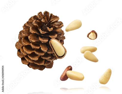 Bild auf Leinwand Fresh raw pine nuts flying in the air isolated