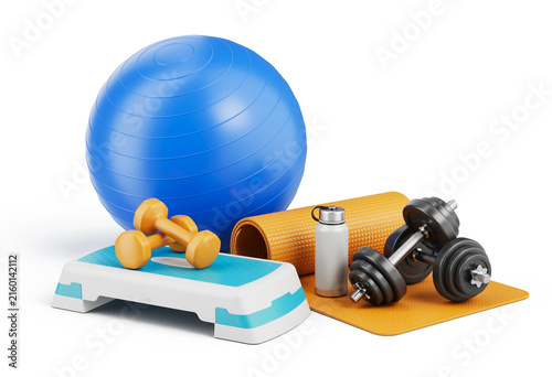 Fitness ball, dumbbells weights, fitness step board, Exercise mat and water bottle - Fitness, gym concept 