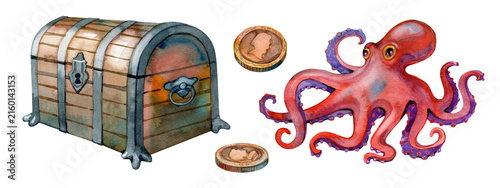 Watercolor pirate set with treasure chest gold coins and red octopus, hand painted vibrant sea adventure collection illustration
