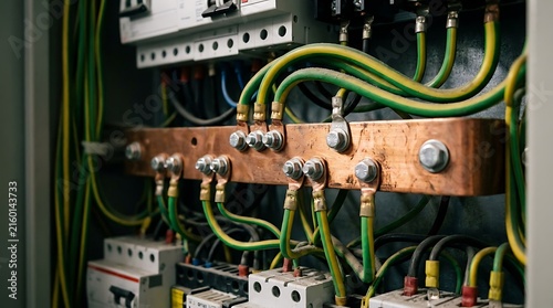 Closeup of electrical grounding busbar with green and yellow wires