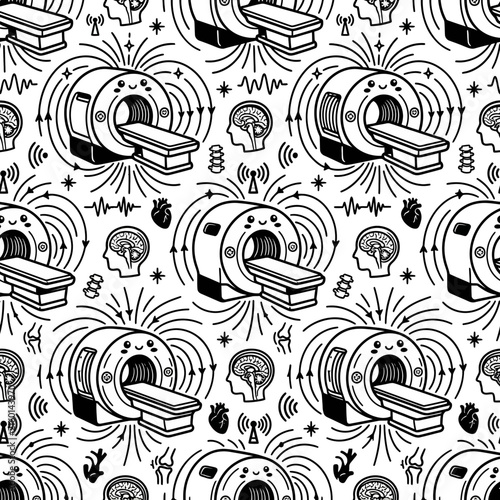 Cute MRI Machine Seamless Pattern: Brain, Heart, Knee, ECG, Radiation Symbols