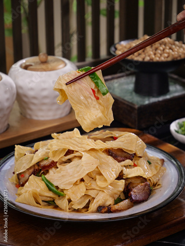 Принти на полотні Stir Fried Tofu Skin Noodles with Bacon and Vegetables Asian Cuisine Chopsticks