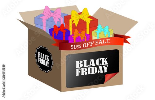 Black Friday cardboard gift box set layout template filled with colorful present boxes and red 50 percent off sale ribbon for holiday discount shopping promo design