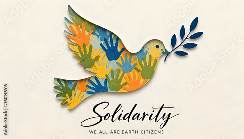 International Human Solidarity Day illustration. Paper cut dove bird shape and colorful hands from different cultures helping each other for community help, social peace concept.