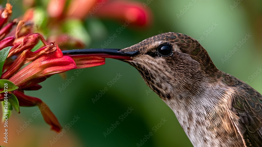 Naklejka premium A hummingbird extends its long beak into a vibrant red flower to sip nectar captured in sharp focus against a soft green background