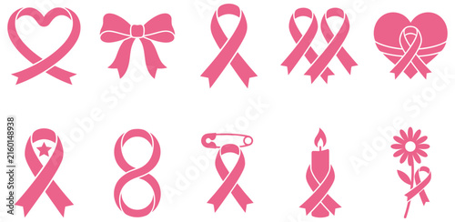 Collection of various pink ribbon designs for breast cancer awareness month isolated on white background