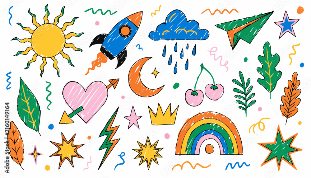 Obraz premium Hand drawn colorful doodle set featuring various cute whimsical icons