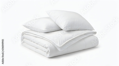 Folded white bed linens with pillows on a clean isolated white background