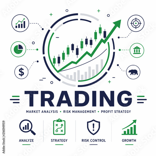 Stock trading market analysis vector, financial candlestick chart with growth arrow, risk management and profit strategy icons
