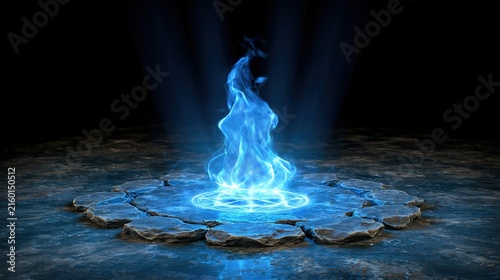 Mystical Blue Fire Erupting from a Stone Circle with a Magic Symbol