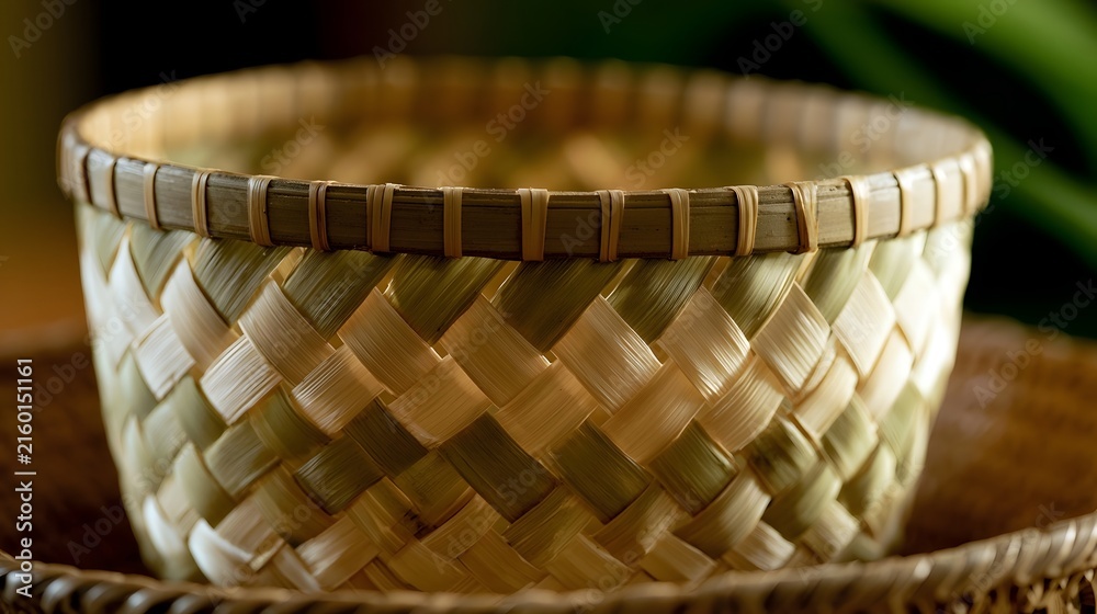 Obraz premium Close up of a handwoven bamboo basket with intricate woven pattern and natural light highlighting its texture