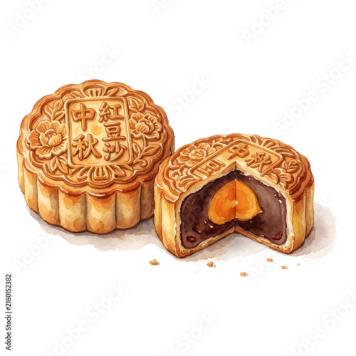 Mooncakes with salted egg yolk and red bean paste filling are illustrated for Mid-Autumn Festival celebration.