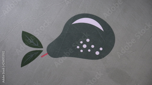 Stylized pear illustration on concrete floor
