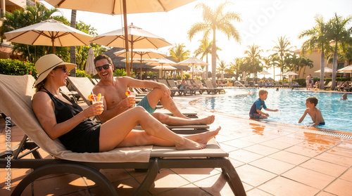 Happy Family Relaxing by Hotel Pool with Drinks on Vacation