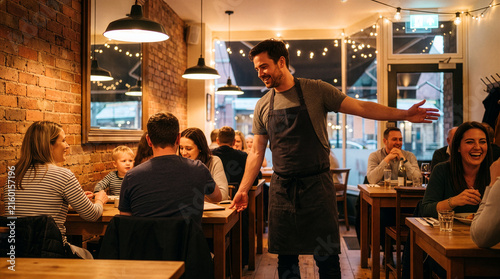 Welcoming Restaurant Host Guiding Guests to Dining Table