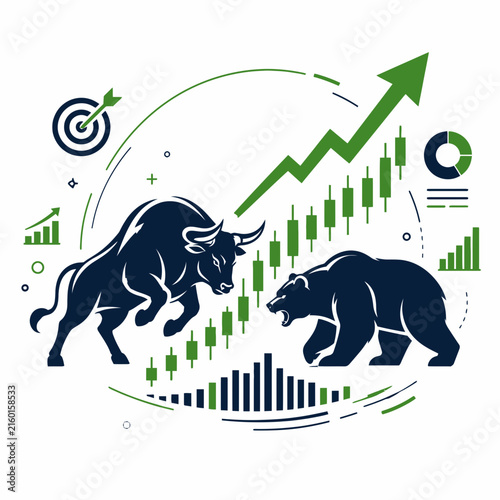 Bull and bear market stock trading vector, financial growth chart with green arrow, investment analysis and forex exchange concept