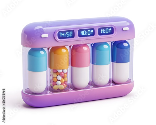Colorful medication dispenser with timer and various capsules