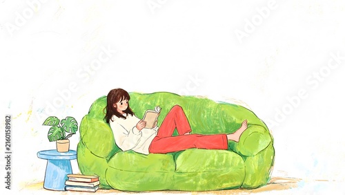 Girl lying on the sofa reading, a relaxing illustration of home life