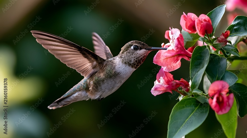 Naklejka premium A hummingbird hovers gracefully near vibrant pink flowers its wings blurred by rapid motion as it feeds on nectar