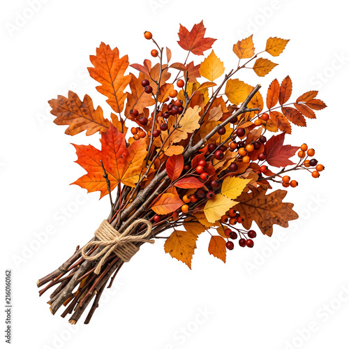 Decorative bundle of autumn branches with colorful leaves isolated on transparent background asset