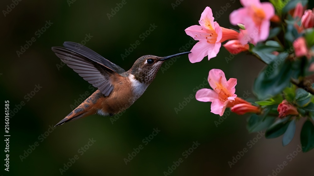 Naklejka premium A hummingbird hovers gracefully near pink flowers its long beak poised to sip nectar from a delicate bloom