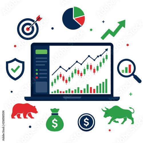 Stock market trading vector, financial data analysis on laptop screen, bull and bear market investment concept icons