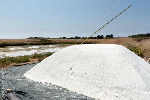 Mulon de sel gris devant les œillets de récolte  avec ladures pour l'égouttage, dans un marais salant. Noirmoutier
