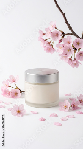 Cosmetic face cream jar mockup with pink cherry blossom sakura flowers on white background