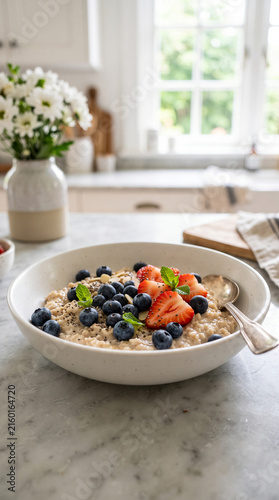 Healthy oatmeal porridge bowl topped with fresh blueberries, strawberries, and mint on marble counter