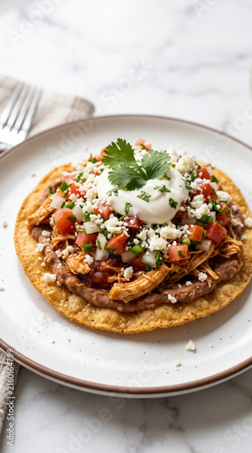 Crispy chicken tostada with refried beans, pico de gallo, cotija cheese, and sour cream on marble table