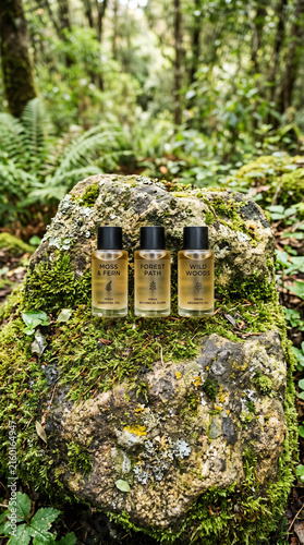 Set of three glass perfume bottles on mossy rock in lush green forest with natural lighting