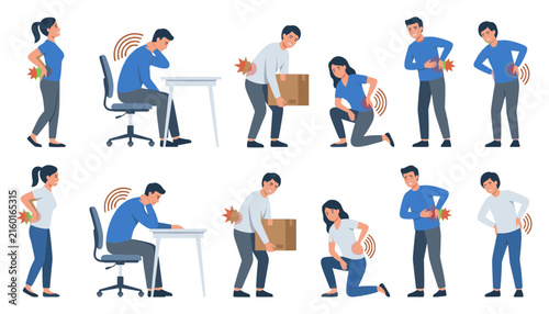 Ergonomic Back Pain and Bad Posture Vector Icon Set Featuring People Suffering from Injury, Sciatica, and Spine Strain at Work