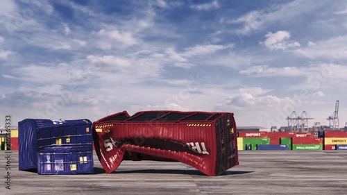 Free trade and trade barriers containers collision. slow motion