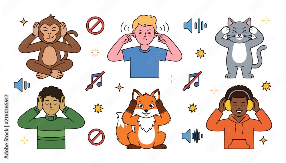 Fototapeta premium Loud Noise Protection and Audio Control Vector Icon Set Featuring Diverse People and Cute Animals Covering Ears from High Volume Sounds
