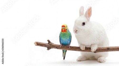 colorful budgerigar parrot and fluffy rabbit sitting together on branch against white background. unusual animal friendship. pet shop banner, website header with copyspace.