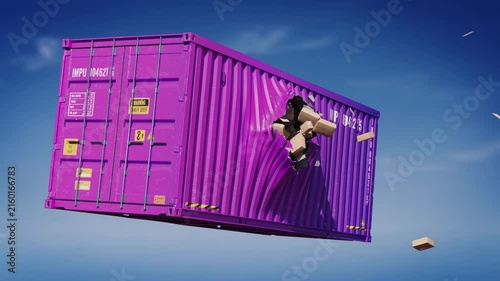 Missile punches through purple container spilling packages.