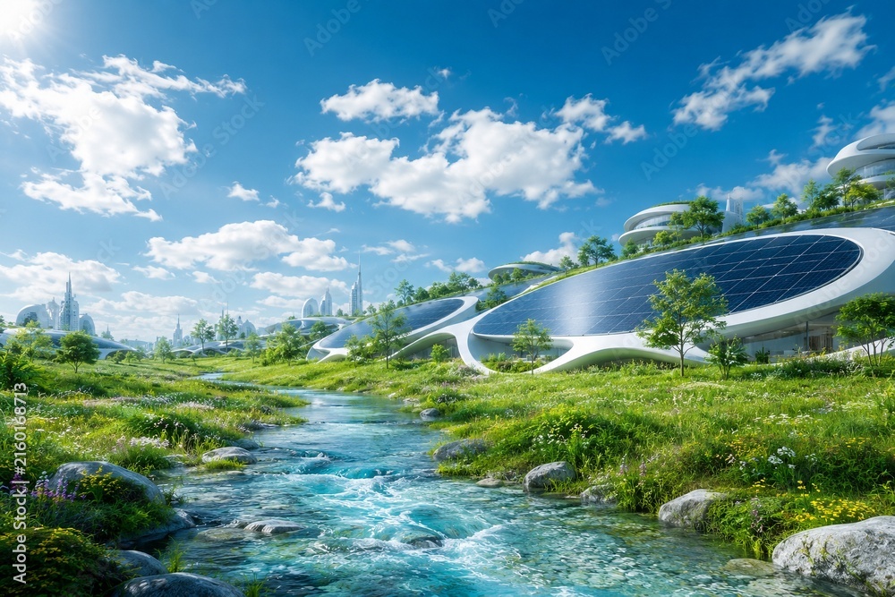 Fototapeta premium Futuristic Solar Energy Landscape with Sustainable Eco City