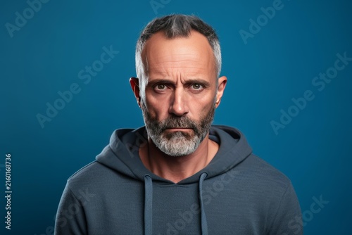 Middle aged man wearing a hoodie looking directly at the camera with a determined gaze