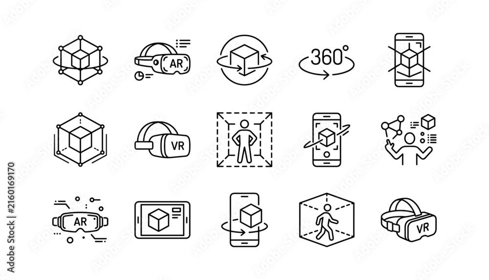 Fototapeta premium Virtual Reality VR and Augmented Reality AR Tech Line Icon Set for Metaverse Interface Systems, Simulation Goggles Layouts, and Spatial Computing Smartphone Designs