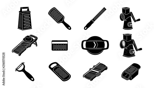 Foto Kitchen Grater and Vegetable Slicer Icon Set with Mandoline, Rotary Shredder, Ch