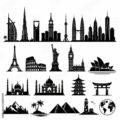 World landmarks silhouette collection, global travel icons set, famous architectural monuments and city skylines vector, tourism symbols