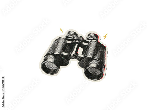 Black and white halftone binoculars with yellow lightning bolts and a distressed cutout effect on transparent background