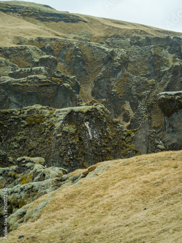 Moss-covered volcanic rock formations in Icelandic canyon