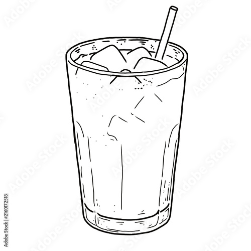 Hand drawn tall glass of iced coffee with ice cubes and a straw. Minimalist café-style doodle featuring bold black outlines, loose sketch details, and a clean isolated white background.